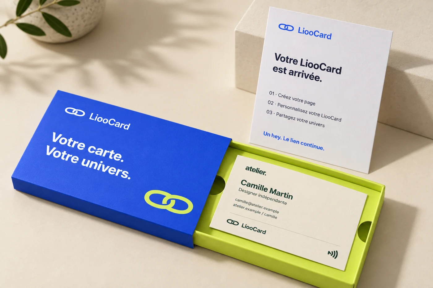 Packaging LiooCard et carte d’accueil aux couleurs HeyLioo